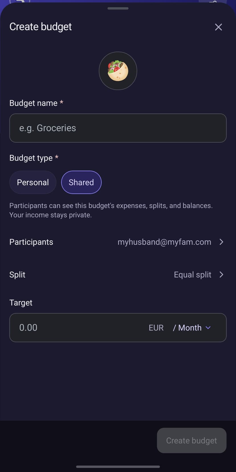 Budget creation form