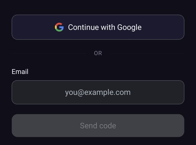 Écran de connexion avec Google, Apple et email