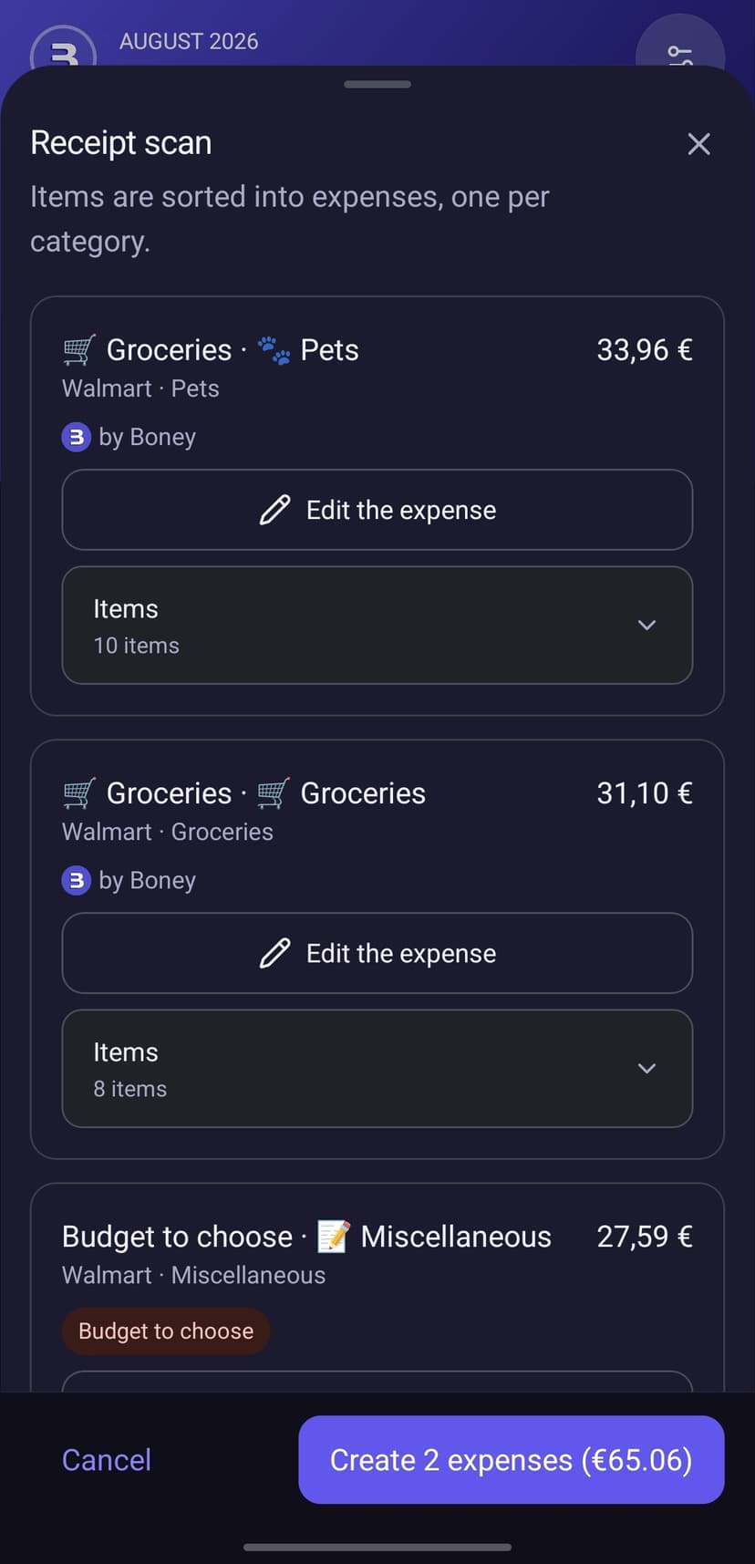 Écran de relecture d'un ticket scanné