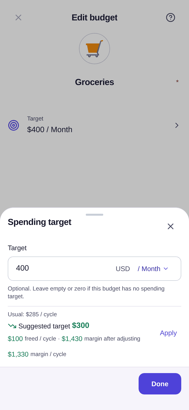 Edit budget Groceries, Spending target window: target $400 per month, usual $285 per cycle, suggested target $300 freeing $100 per cycle, Apply button