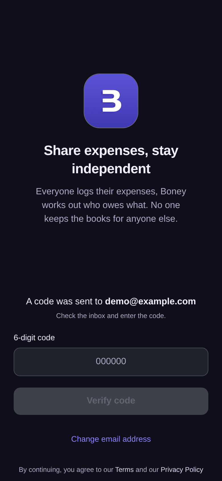 Code screen: “A code was sent to demo@example.com”, the 6-digit code field, the Verify code button and the Change email address link