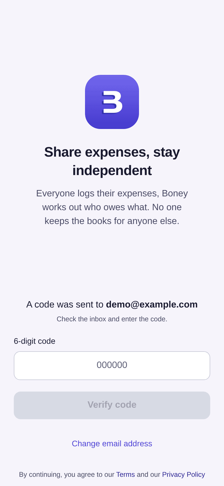 Code screen: “A code was sent to demo@example.com”, the 6-digit code field, the Verify code button and the Change email address link