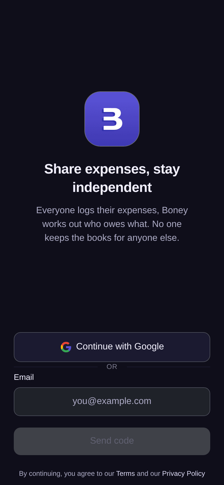 Sign-in screen: the Continue with Google button, then the Email field and the Send code button