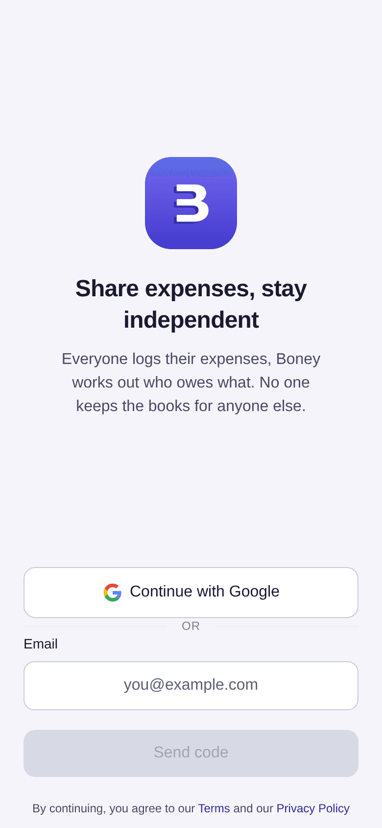 Sign-in screen: the Continue with Google button, then the Email field and the Send code button