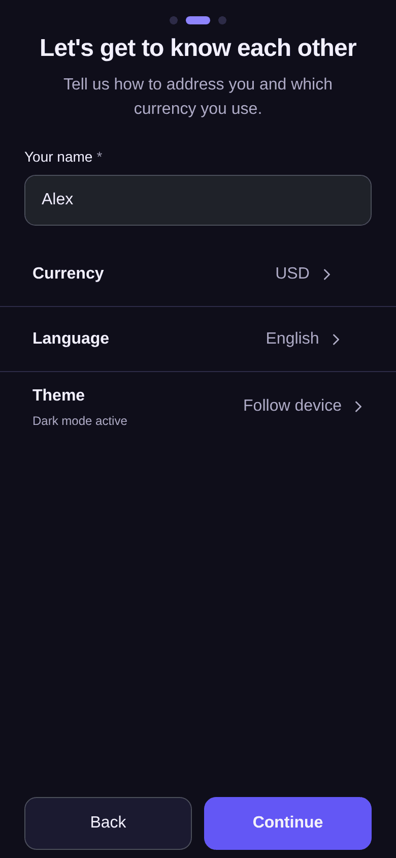 Let's get to know each other screen: Your name filled in with Alex, Currency USD, Language English, Theme Follow device, then the Back and Continue buttons