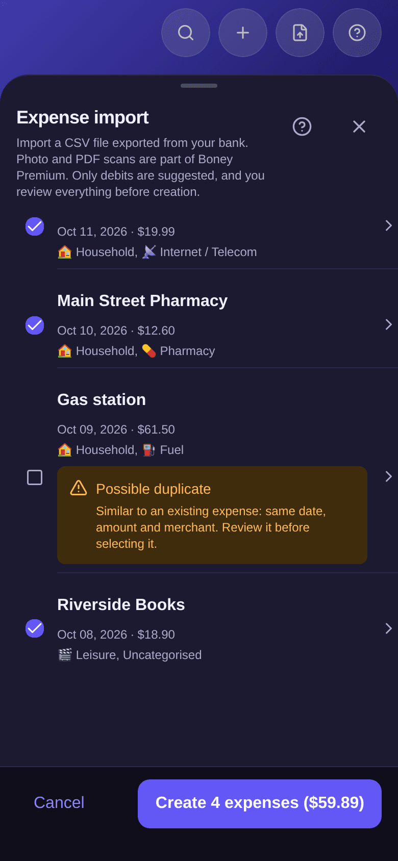 Unticked Gas station transaction flagged Possible duplicate because it looks like an existing expense with the same date, amount and merchant; below it, Riverside Books ticked in Leisure, Uncategorised
