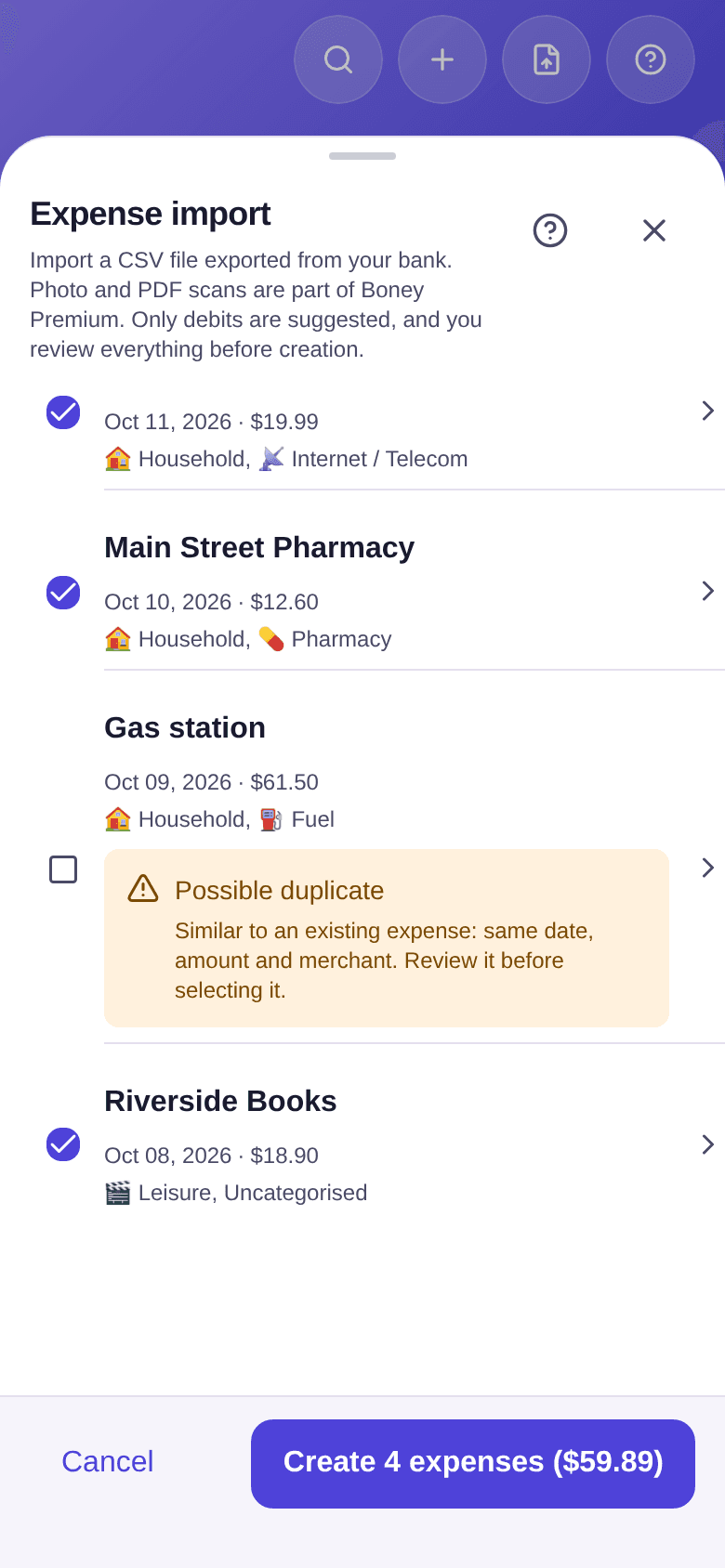 Unticked Gas station transaction flagged Possible duplicate because it looks like an existing expense with the same date, amount and merchant; below it, Riverside Books ticked in Leisure, Uncategorised