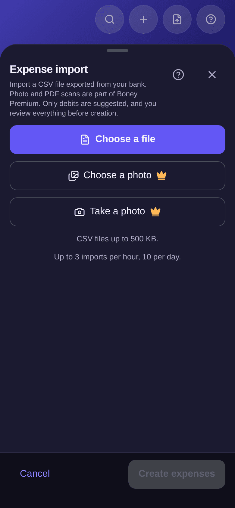 Expense import window without a subscription: Choose a file, then Choose a photo and Take a photo marked with a crown, with the note CSV files up to 500 KB