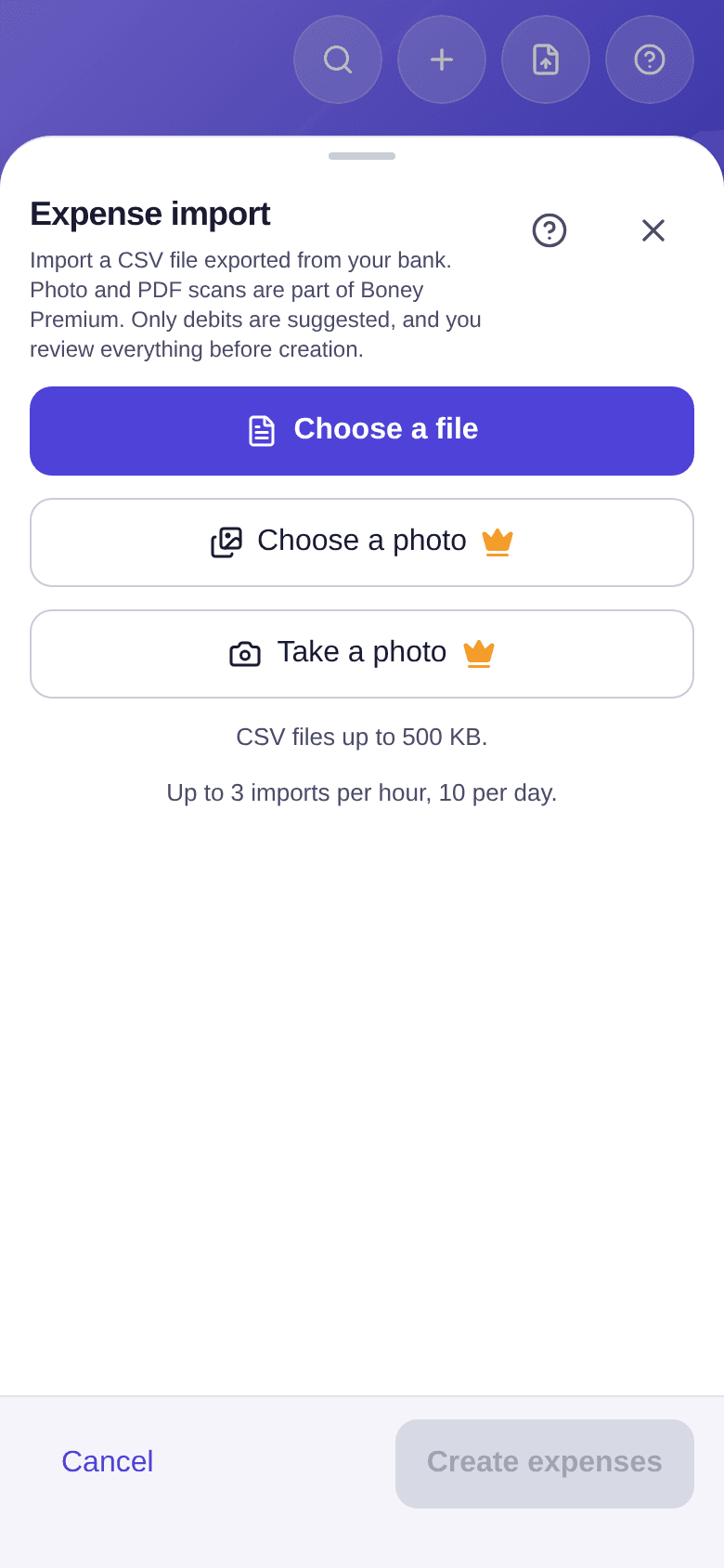 Expense import window without a subscription: Choose a file, then Choose a photo and Take a photo marked with a crown, with the note CSV files up to 500 KB