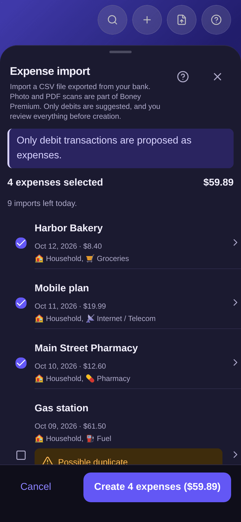 Import review: the reminder that only debit transactions are proposed, 4 expenses selected for $59.89, then the ticked transactions with their date, amount, budget and category