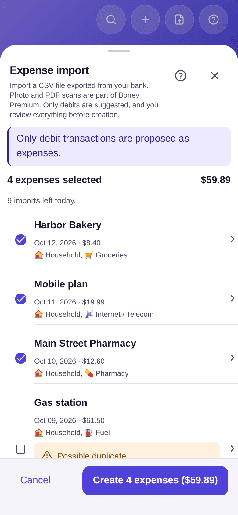 Import review: the reminder that only debit transactions are proposed, 4 expenses selected for $59.89, then the ticked transactions with their date, amount, budget and category