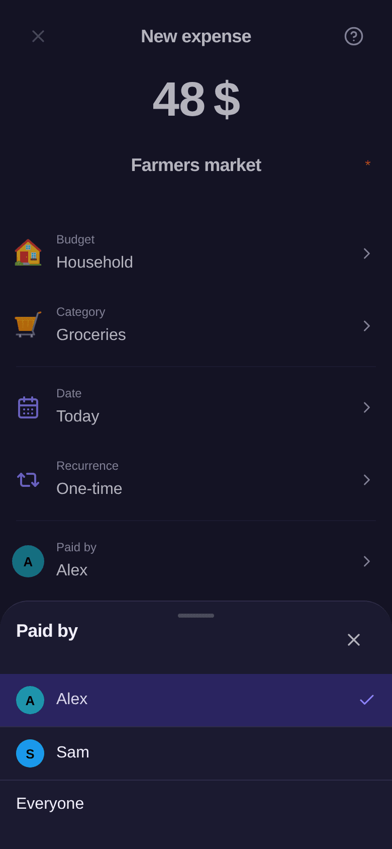 Paid by list open on the expense: Alex ticked, Sam, and Everyone last