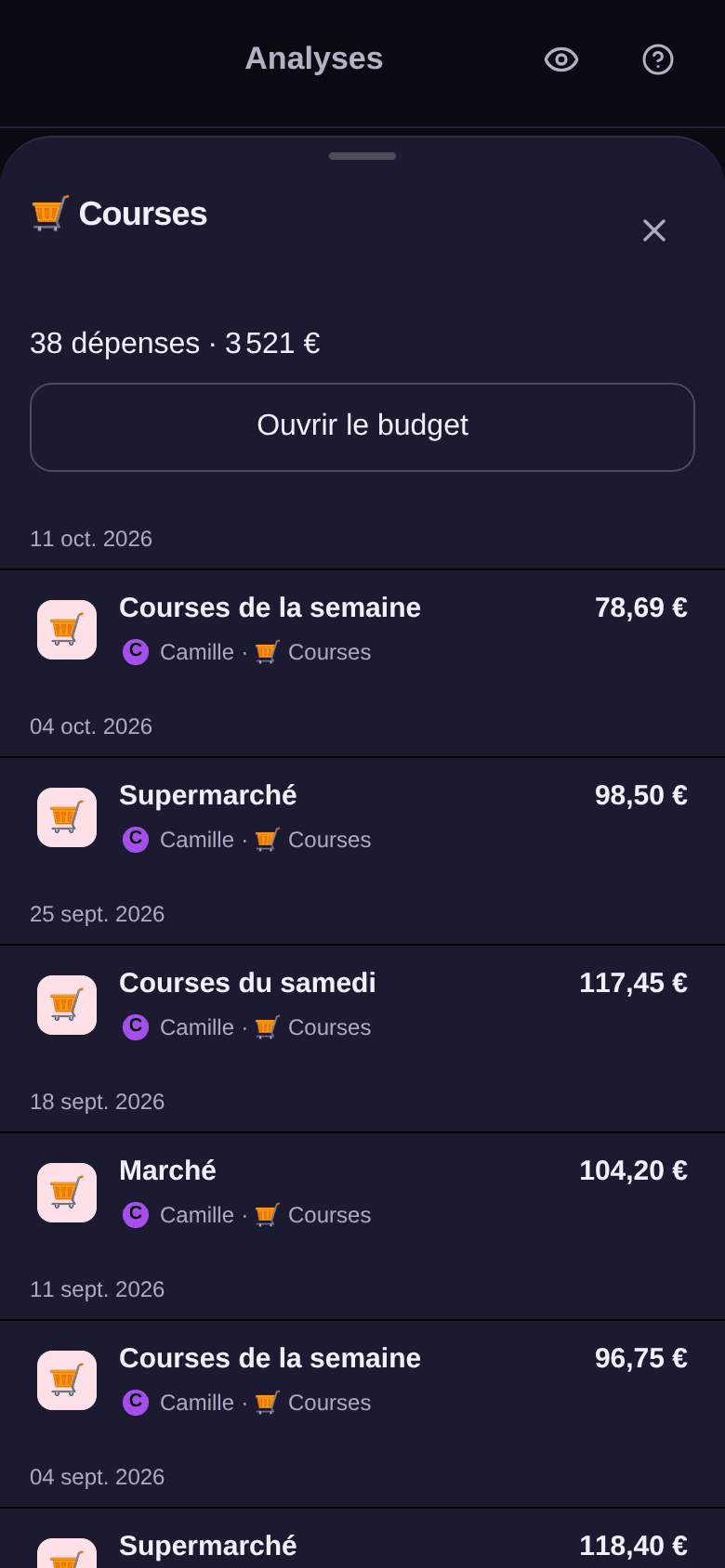 Liste des dépenses du budget Courses ouverte depuis la Composition : 38 dépenses pour 3 521 €, le bouton Ouvrir le budget, puis les dépenses de la plus récente à la plus ancienne