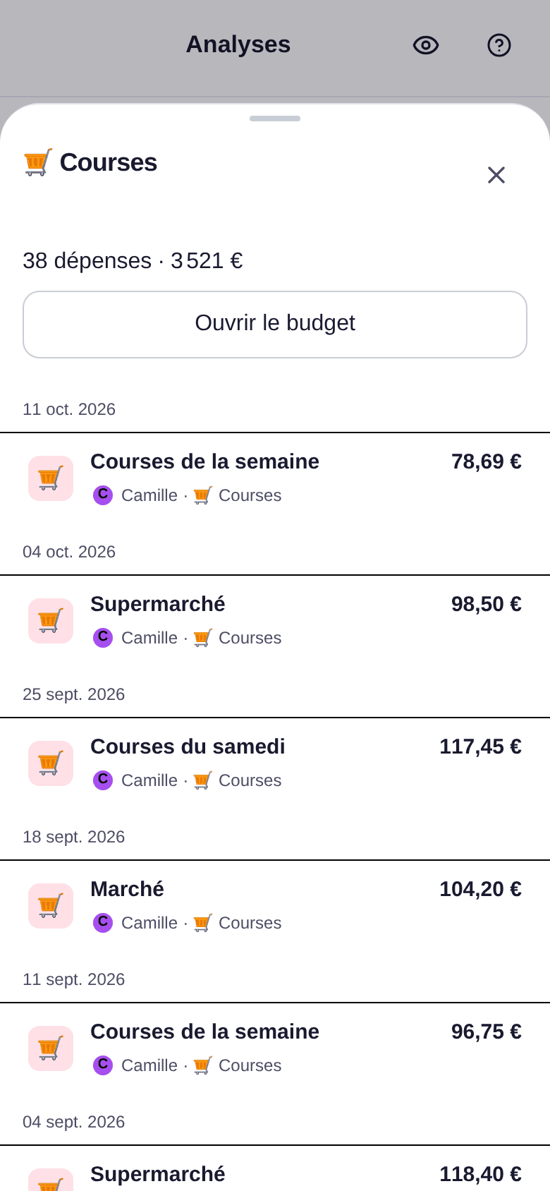 Liste des dépenses du budget Courses ouverte depuis la Composition : 38 dépenses pour 3 521 €, le bouton Ouvrir le budget, puis les dépenses de la plus récente à la plus ancienne