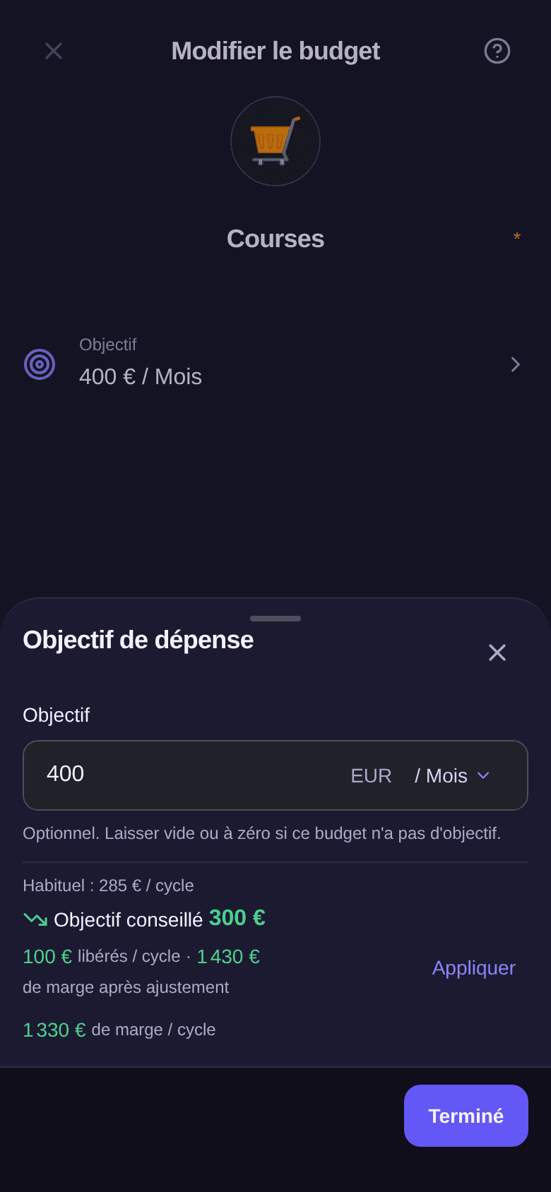 Modifier le budget Courses, fenêtre Objectif de dépense : objectif 400 € par mois, habituel 285 € par cycle, objectif conseillé 300 € qui libère 100 € par cycle, bouton Appliquer