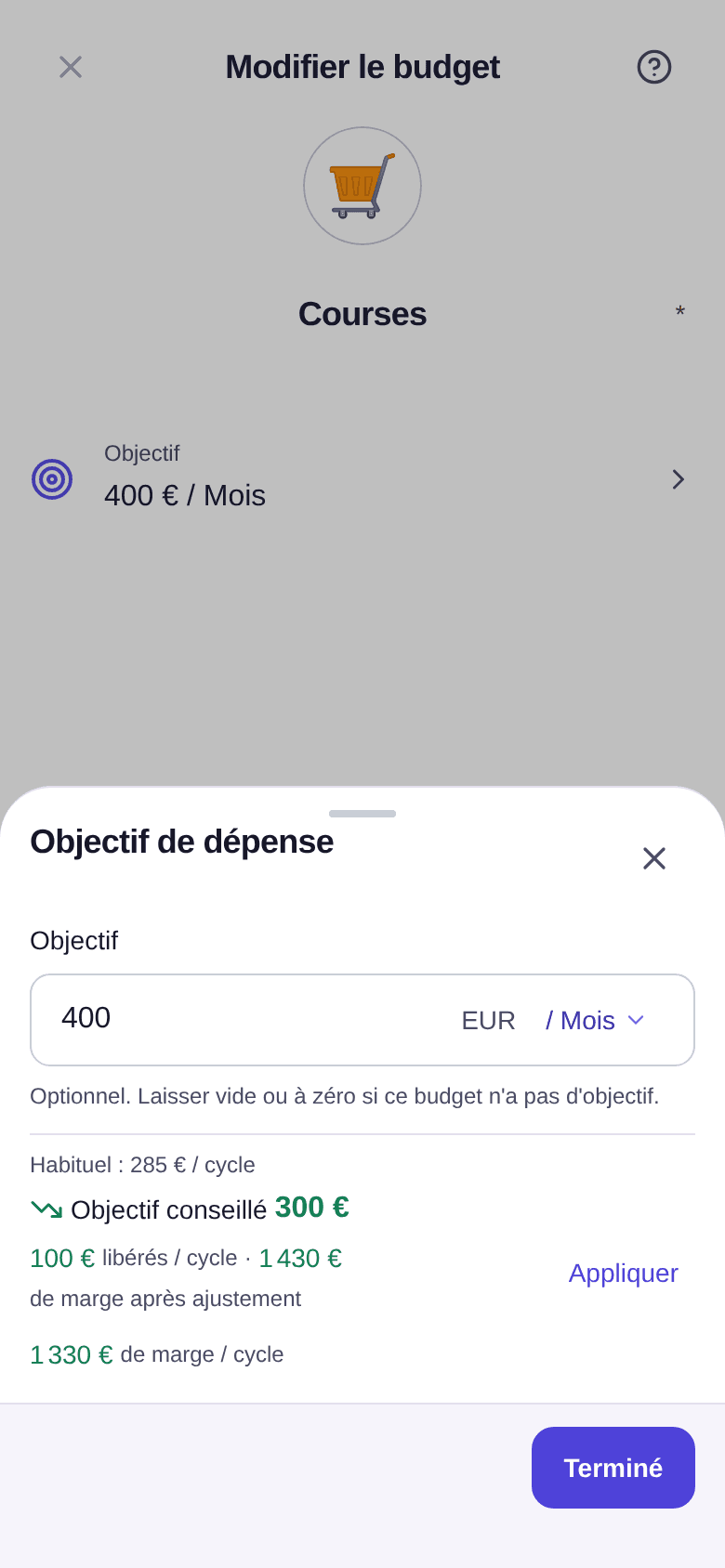 Modifier le budget Courses, fenêtre Objectif de dépense : objectif 400 € par mois, habituel 285 € par cycle, objectif conseillé 300 € qui libère 100 € par cycle, bouton Appliquer
