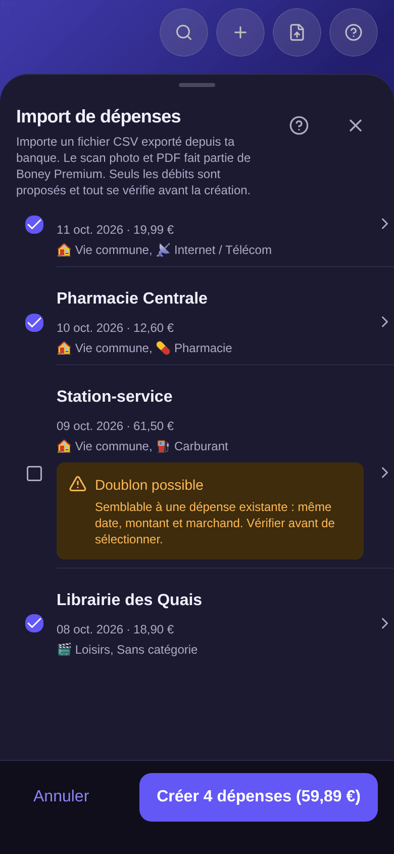 Transaction Station-service décochée, marquée Doublon possible car semblable à une dépense existante de même date, montant et marchand ; en dessous, Librairie des Quais cochée dans Loisirs, Sans catégorie