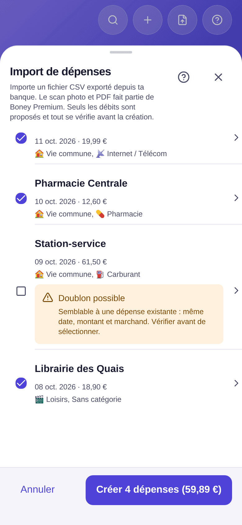 Transaction Station-service décochée, marquée Doublon possible car semblable à une dépense existante de même date, montant et marchand ; en dessous, Librairie des Quais cochée dans Loisirs, Sans catégorie