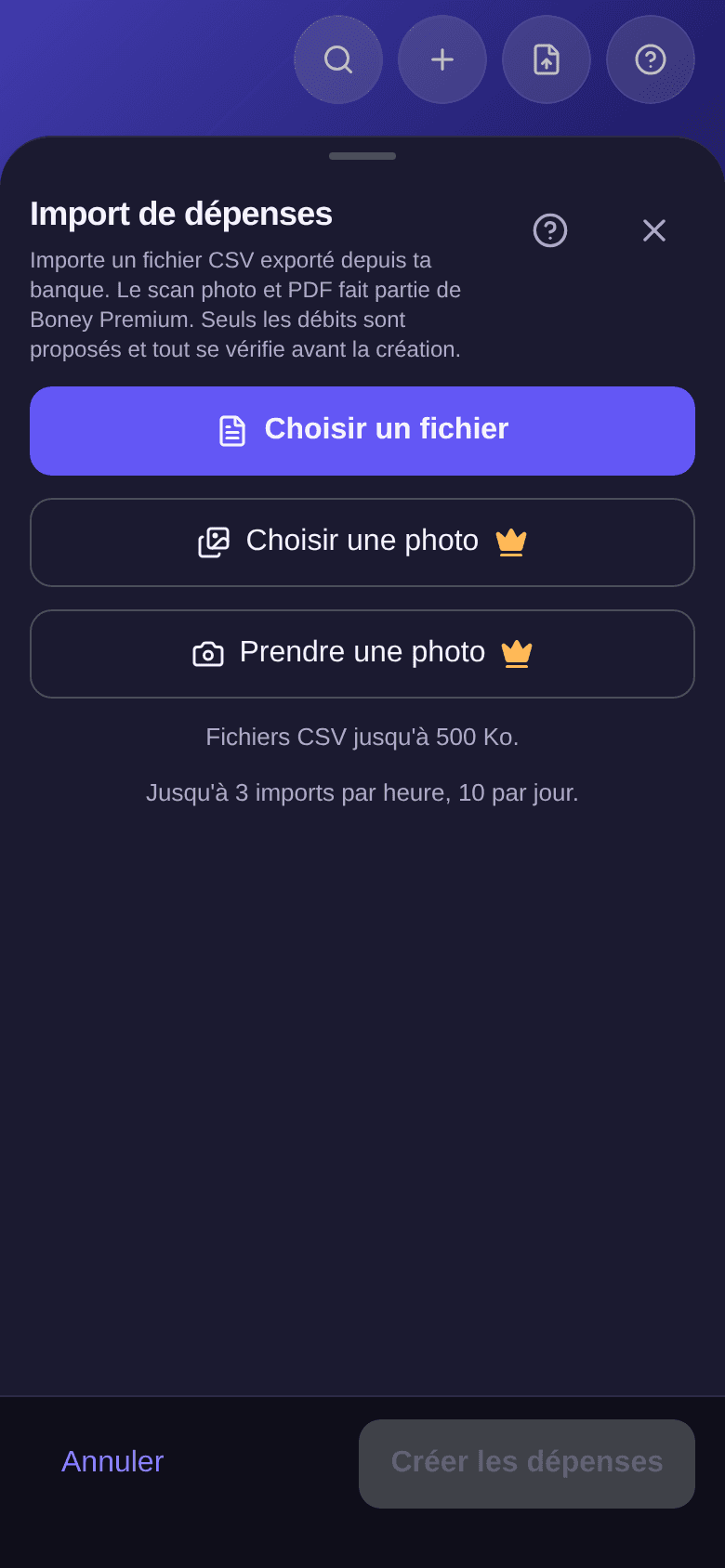 Fenêtre Import de dépenses sans abonnement : Choisir un fichier, puis Choisir une photo et Prendre une photo marqués d'une couronne, avec la mention Fichiers CSV jusqu'à 500 Ko