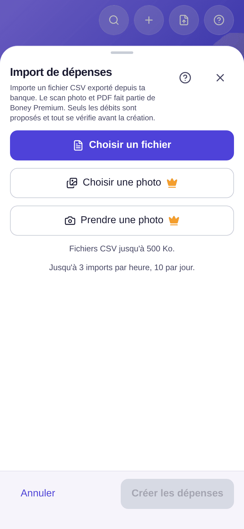Fenêtre Import de dépenses sans abonnement : Choisir un fichier, puis Choisir une photo et Prendre une photo marqués d'une couronne, avec la mention Fichiers CSV jusqu'à 500 Ko
