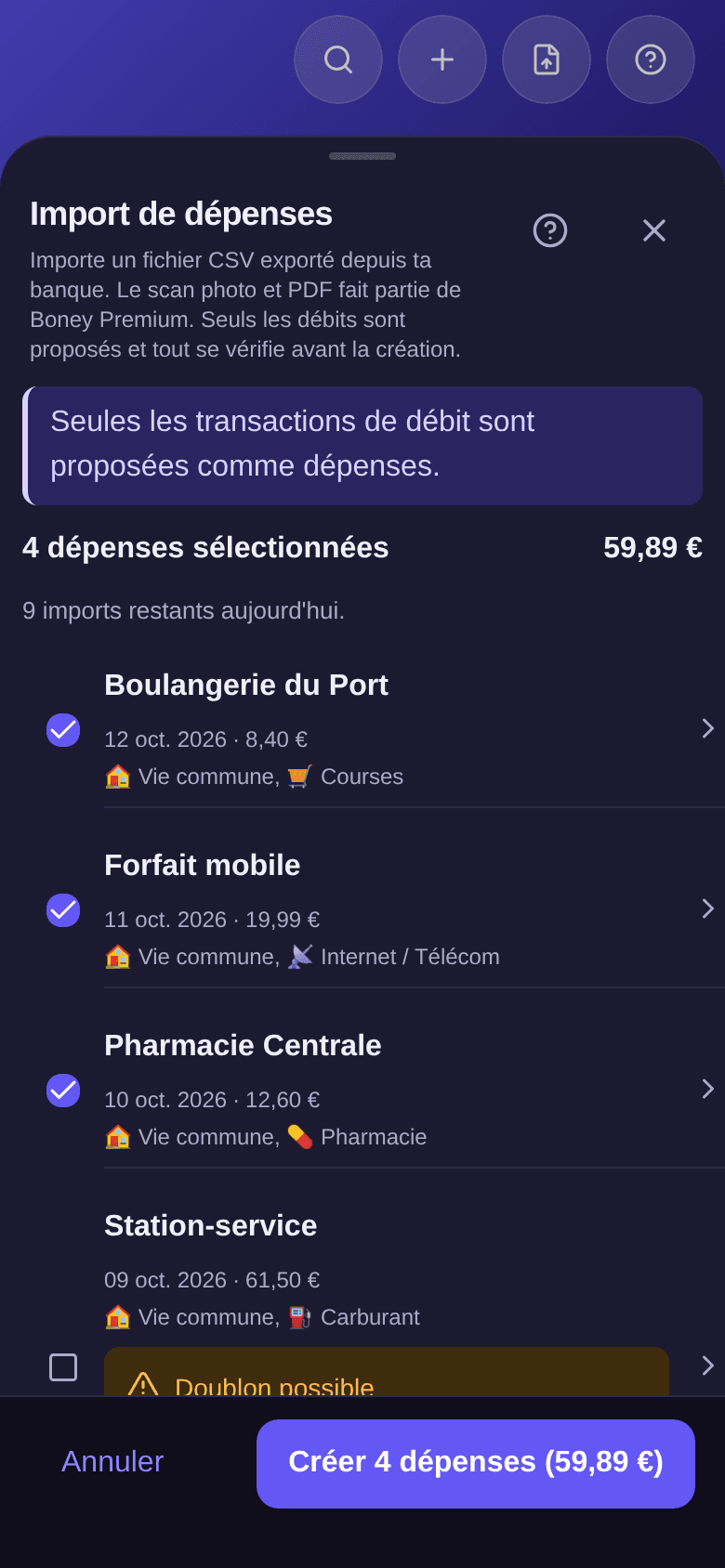 Relecture d'un import : rappel que seules les transactions de débit sont proposées, 4 dépenses sélectionnées pour 59,89 €, puis les transactions cochées avec leur date, leur montant, leur budget et leur catégorie