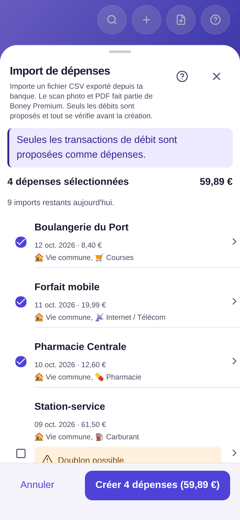 Relecture d'un import : rappel que seules les transactions de débit sont proposées, 4 dépenses sélectionnées pour 59,89 €, puis les transactions cochées avec leur date, leur montant, leur budget et leur catégorie
